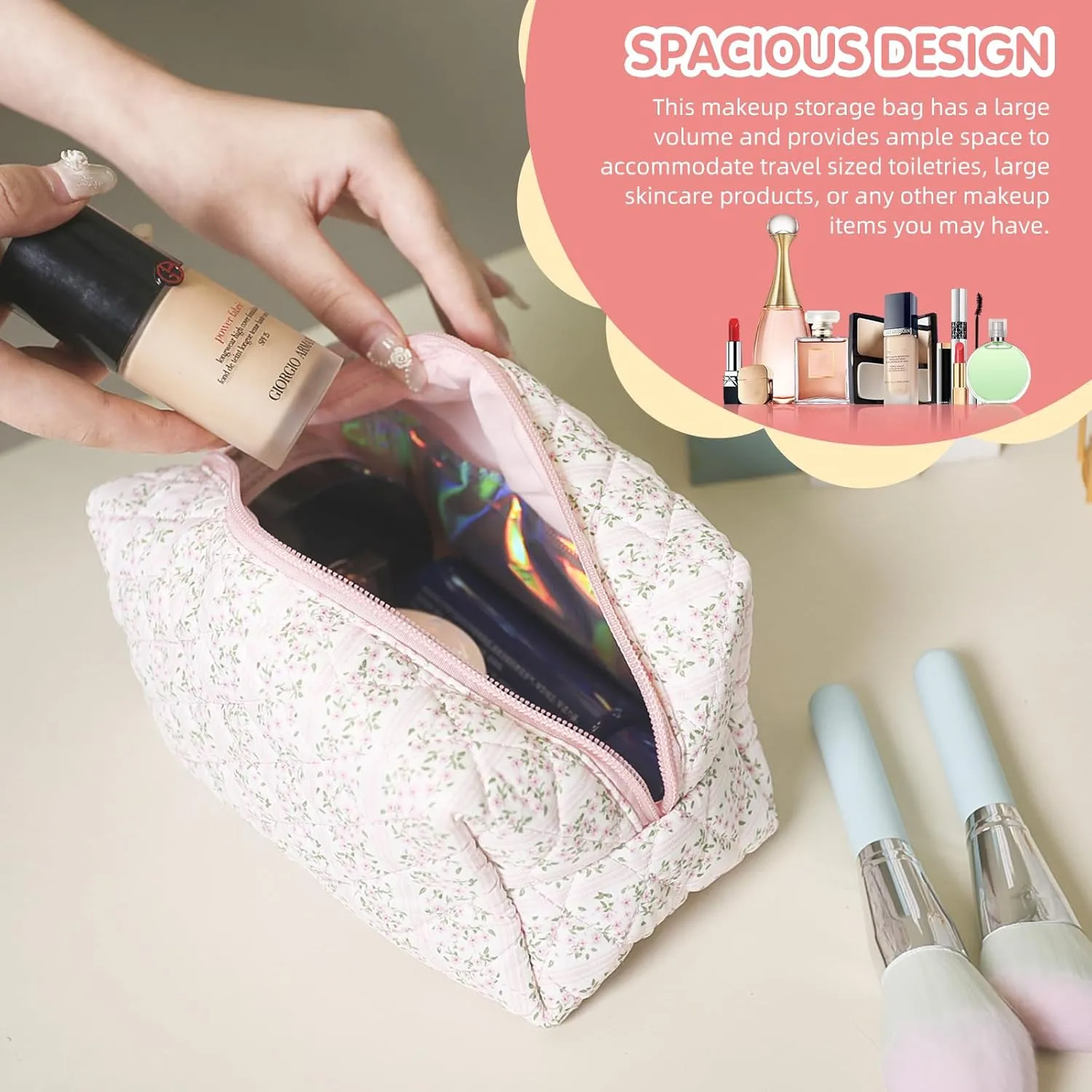 Floral Makeup Bag, Cute Quilted Makeup Toiletry Bag, Zipper Cosmetic Pouch, Daily Travel Use Skincare Bag, Multipurpose Organizer Bag (Blossom Blush Pink)