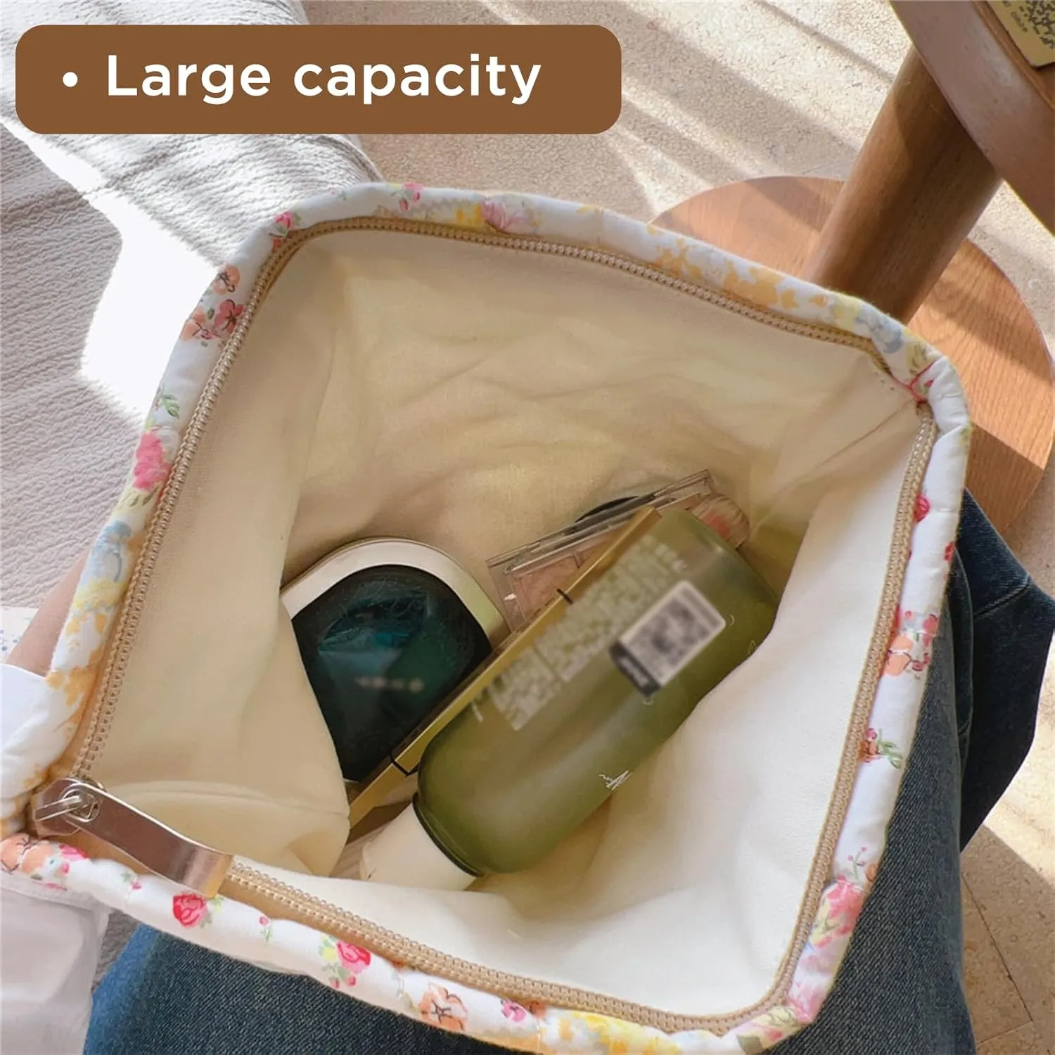 Floral Makeup Bag Large Cotton Quilted Cosmetic Makeup Bag Organizer, Aesthetic Portable Pouch Purse Toiletry Bag for Women Girls Travel accessories(Blue Floral-L)