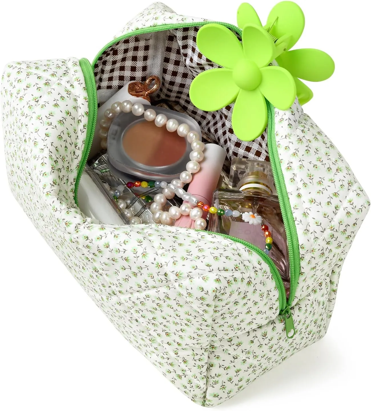Floral Makeup Bag Quilted Cosmetic Bag Cute Puffy Coquette Makeup pouch Aesthetic Large Travel Toiletry Bag Organizer cotton Makeup Brushes Storage Bag for Wome