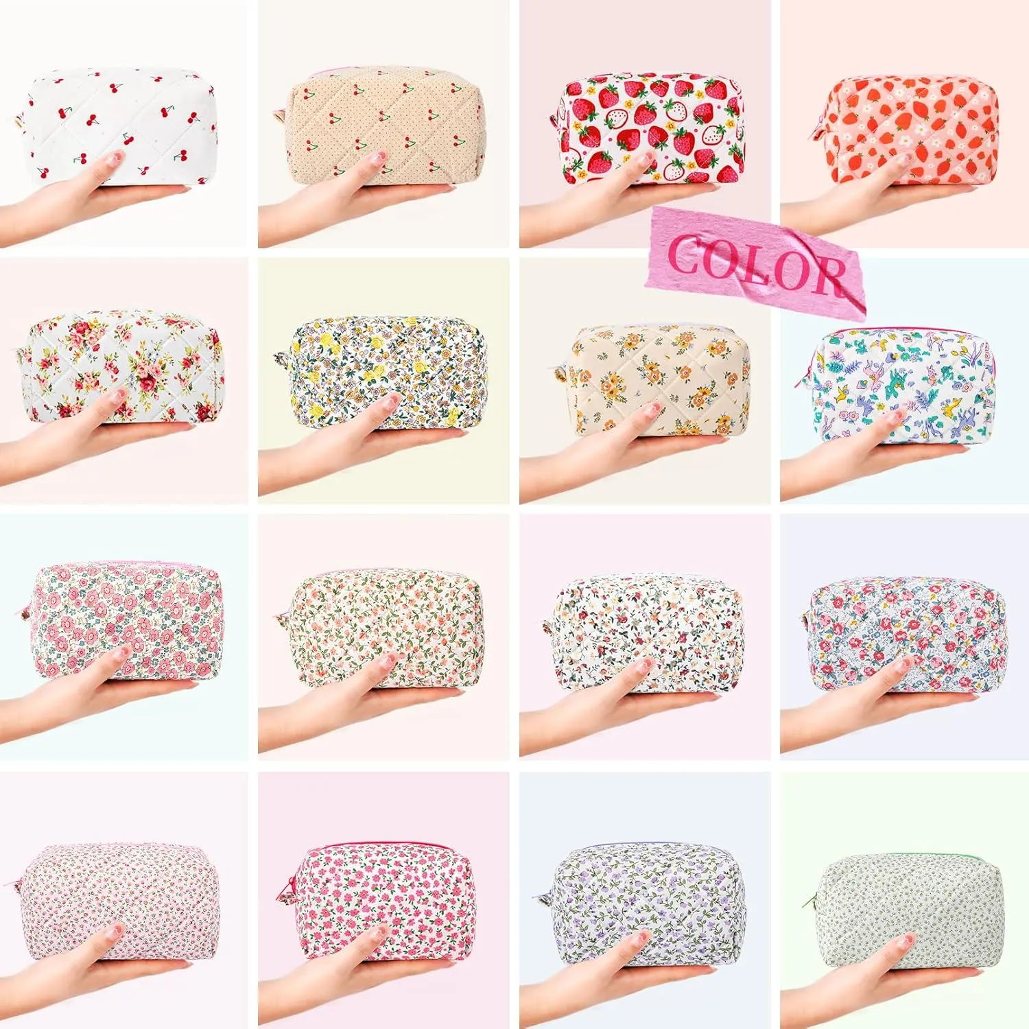 Floral Makeup Bag Quilted Cosmetic Bag Cute Puffy Coquette Makeup pouch Aesthetic Large Travel Toiletry Bag Organizer cotton Makeup Brushes Storage Bag for Wome