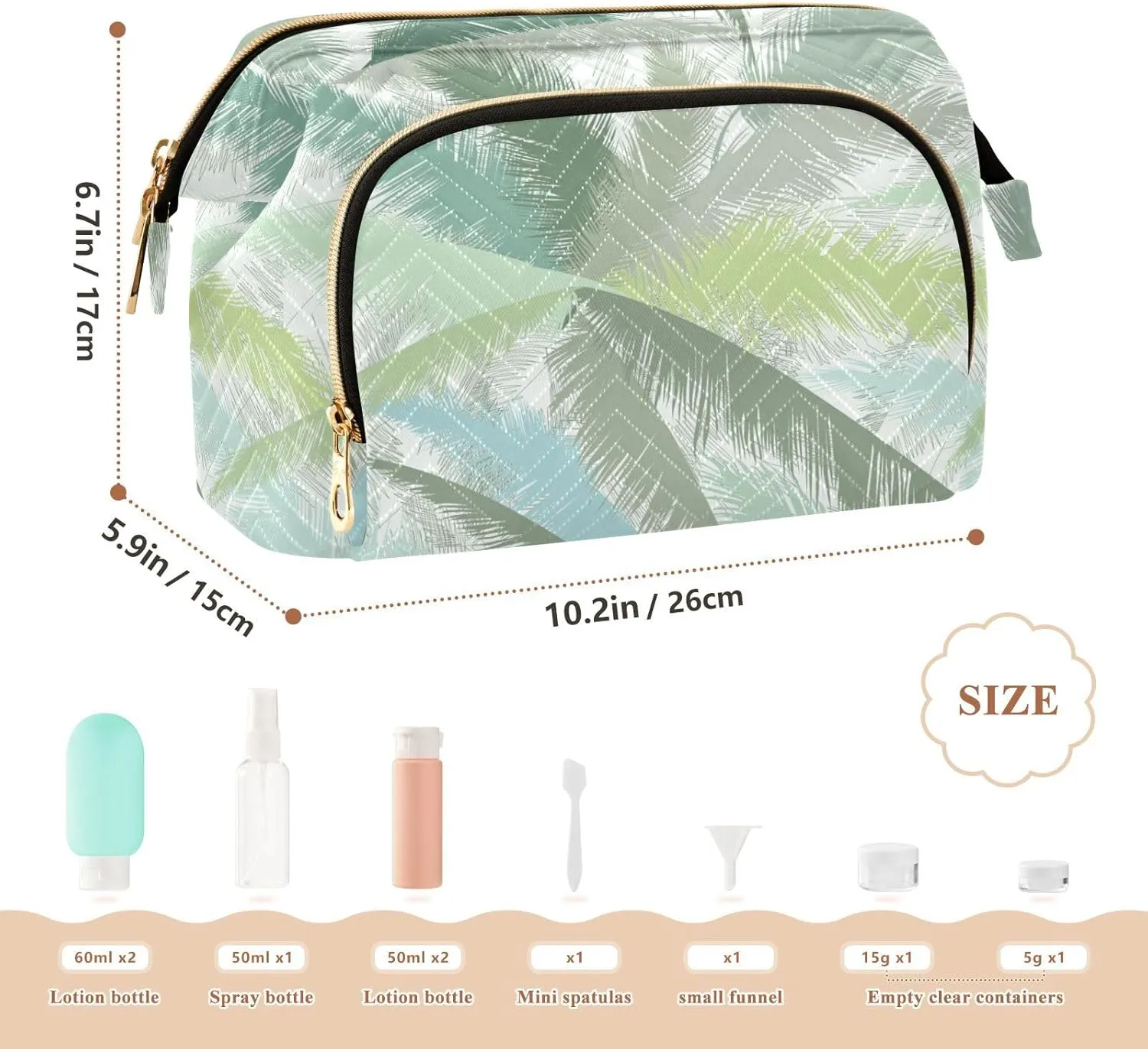 Floral Palm Tree Leaves Tropical Leaves in Grey Green Turquoise Women Cosmetic Bag Makeup Bag Stylish Trip Beauty Bag Travel Toiletry Bag with Bottle Organizer 10.2 x 5.9 x 6.7 inch
