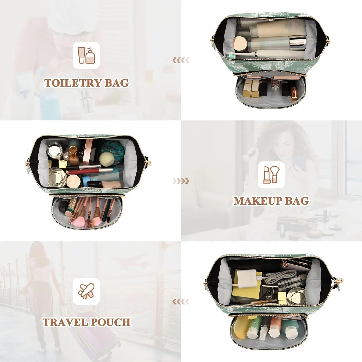 Floral Palm Tree Leaves Tropical Leaves in Grey Green Turquoise Women Cosmetic Bag Makeup Bag Stylish Trip Beauty Bag Travel Toiletry Bag with Bottle Organizer 10.2 x 5.9 x 6.7 inch
