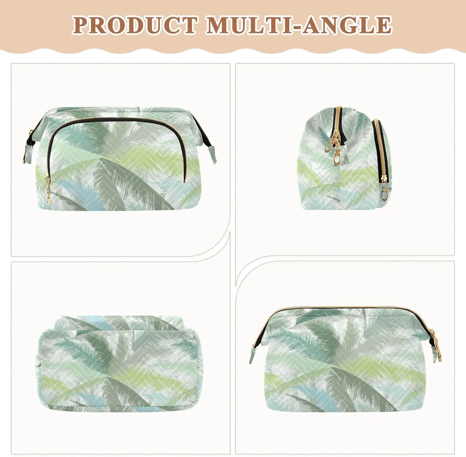 Floral Palm Tree Leaves Tropical Leaves in Grey Green Turquoise Women Cosmetic Bag Makeup Bag Stylish Trip Beauty Bag Travel Toiletry Bag with Bottle Organizer 10.2 x 5.9 x 6.7 inch