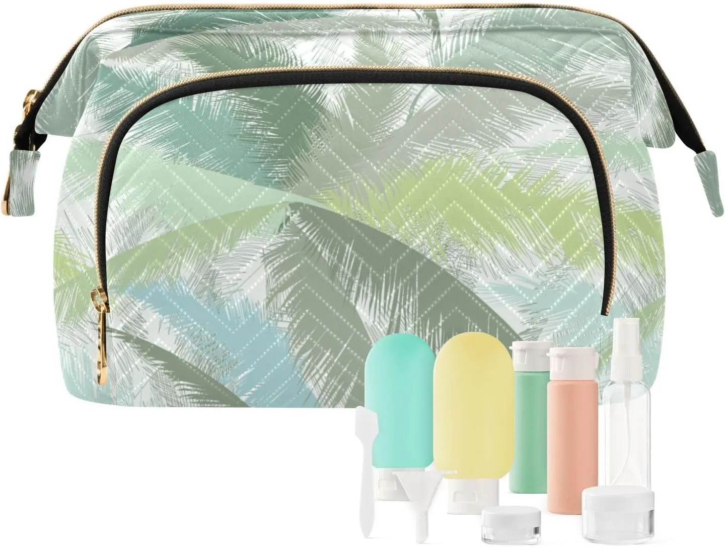 Floral Palm Tree Leaves Tropical Leaves in Grey Green Turquoise Women Cosmetic Bag Makeup Bag Stylish Trip Beauty Bag Travel Toiletry Bag with Bottle Organizer 10.2 x 5.9 x 6.7 inch
