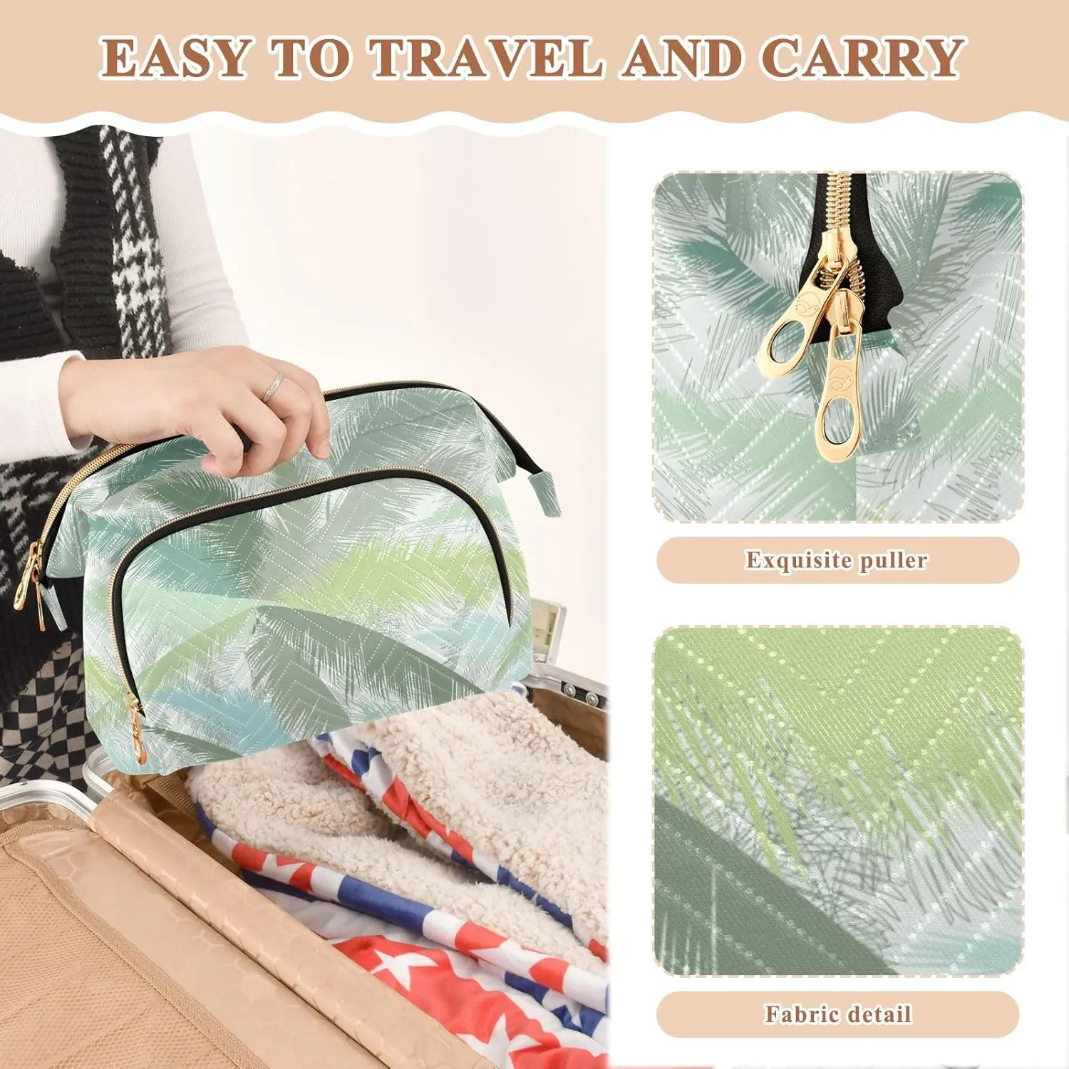 Floral Palm Tree Leaves Tropical Leaves in Grey Green Turquoise Women Cosmetic Bag Makeup Bag Stylish Trip Beauty Bag Travel Toiletry Bag with Bottle Organizer 10.2 x 5.9 x 6.7 inch