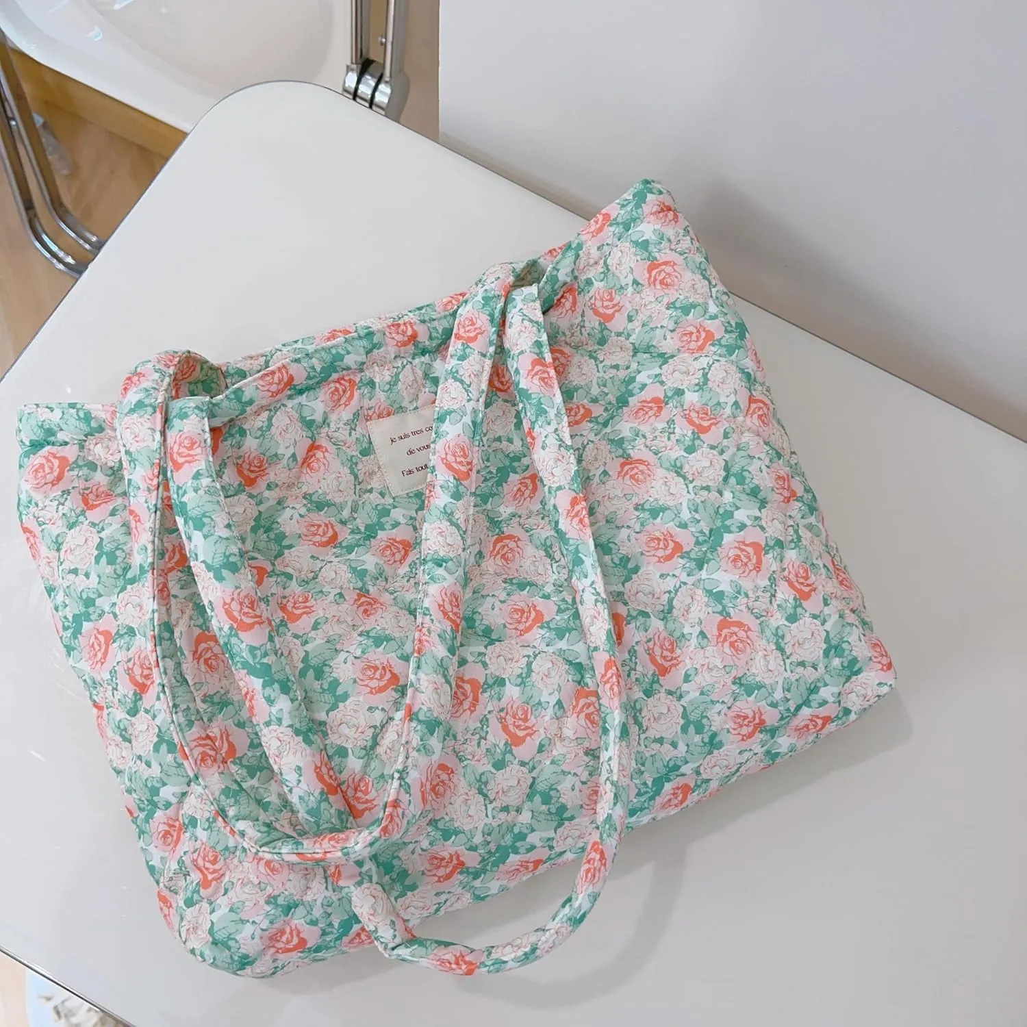 Floral Quilted Cotton Shoulder Bag Set 2-in-1 Handbag with Matching Mini Pouch Large Capacity Tote for Women A054