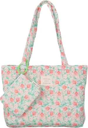 Floral Quilted Cotton Shoulder Bag Set 2-in-1 Handbag with Matching Mini Pouch Large Capacity Tote for Women A054