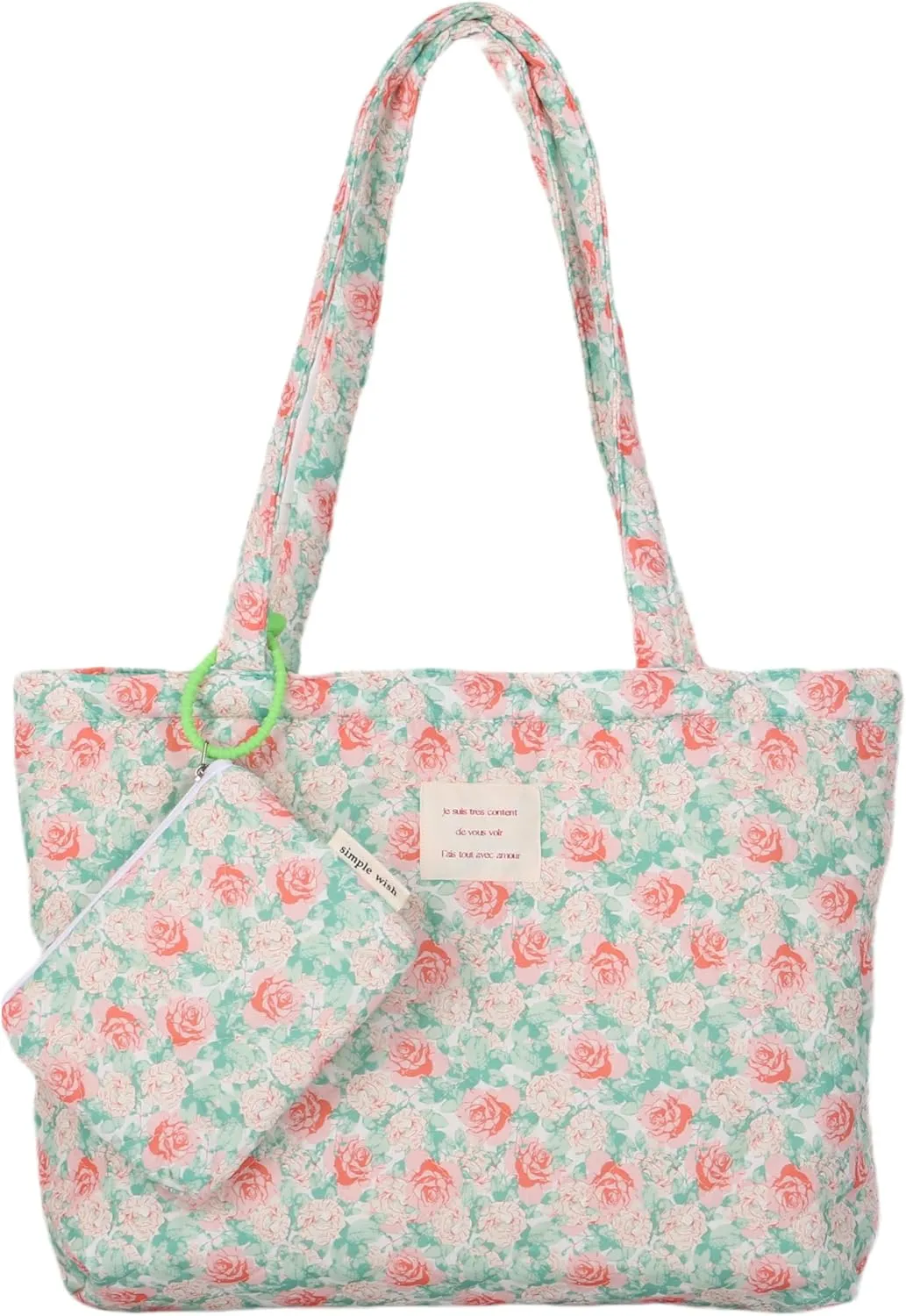 Floral Quilted Cotton Shoulder Bag Set 2-in-1 Handbag with Matching Mini Pouch Large Capacity Tote for Women A054