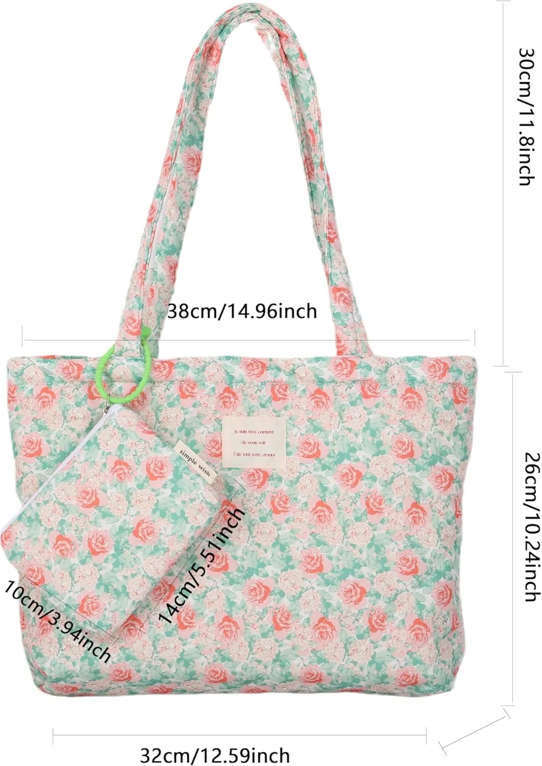 Floral Quilted Cotton Shoulder Bag Set 2-in-1 Handbag with Matching Mini Pouch Large Capacity Tote for Women A054