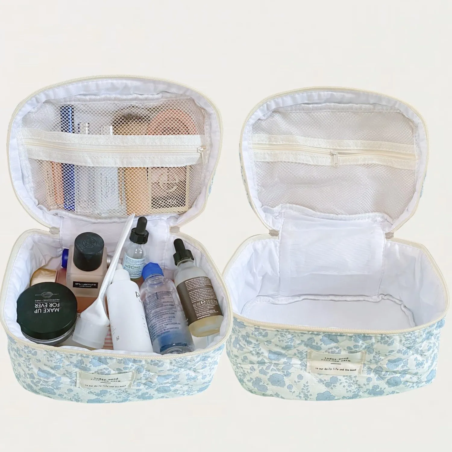 Floral Quilted Makeup Bag Set for Women Aesthetic Travel Large Cute Cosmetic Toiletry Pouch Lightweight Cotton Tote Purse Organizer Insert Valentines_Gifts for Her, c01 (3PCS#01Blue Flower)