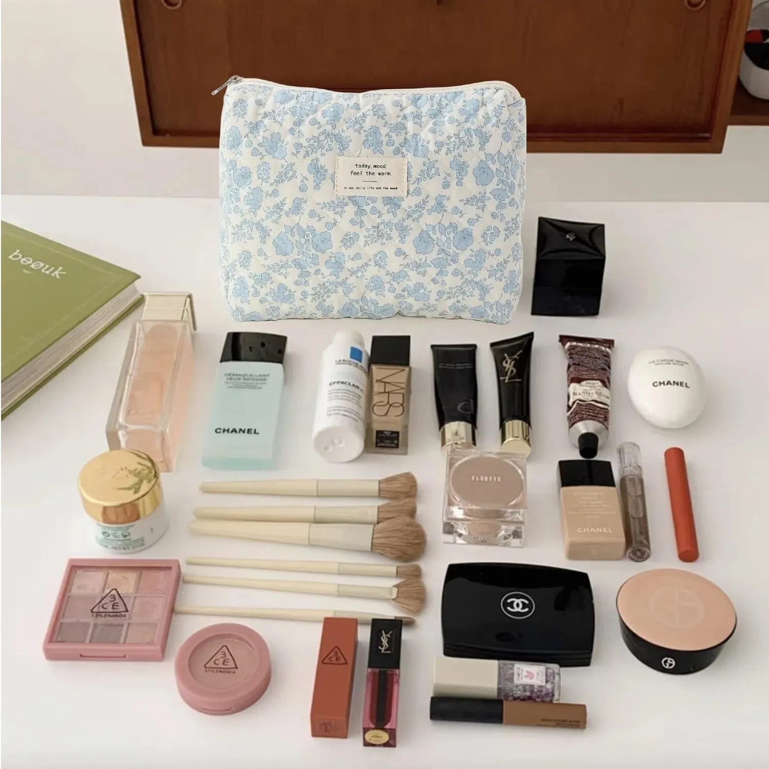 Floral Quilted Makeup Bag Set for Women Aesthetic Travel Large Cute Cosmetic Toiletry Pouch Lightweight Cotton Tote Purse Organizer Insert Valentines_Gifts for Her, c01 (3PCS#01Blue Flower)