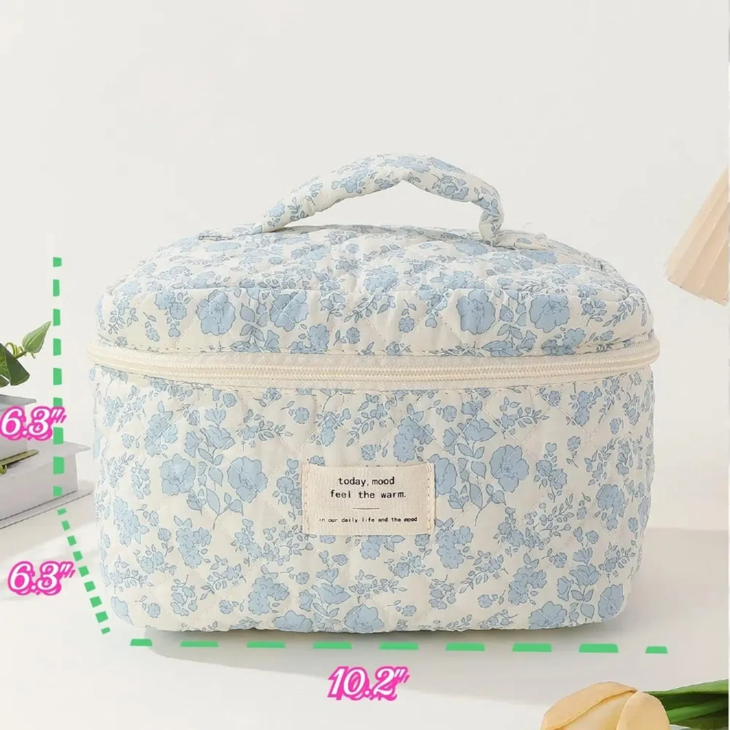 Floral Quilted Makeup Bag Set for Women Aesthetic Travel Large Cute Cosmetic Toiletry Pouch Lightweight Cotton Tote Purse Organizer Insert Valentines_Gifts for Her, c01 (3PCS#01Blue Flower)