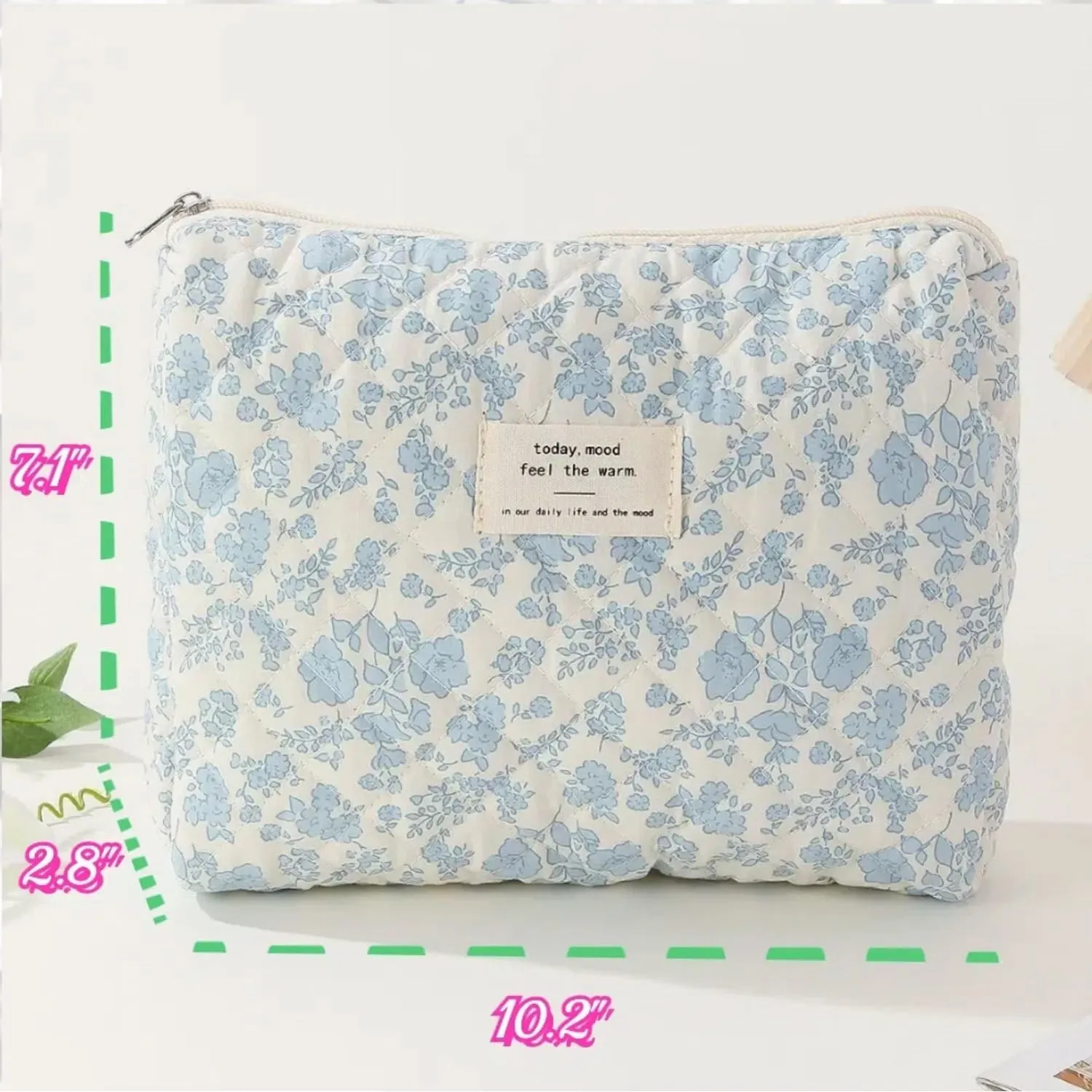 Floral Quilted Makeup Bag Set for Women Aesthetic Travel Large Cute Cosmetic Toiletry Pouch Lightweight Cotton Tote Purse Organizer Insert Valentines_Gifts for Her, c01 (3PCS#01Blue Flower)