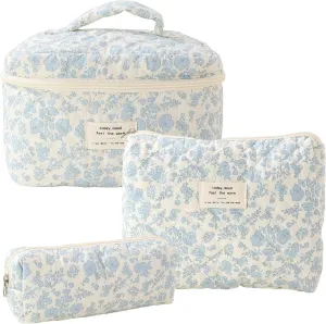 Floral Quilted Makeup Bag Set for Women Aesthetic Travel Large Cute Cosmetic Toiletry Pouch Lightweight Cotton Tote Purse Organizer Insert Valentines_Gifts for Her, c01 (3PCS#01Blue Flower)