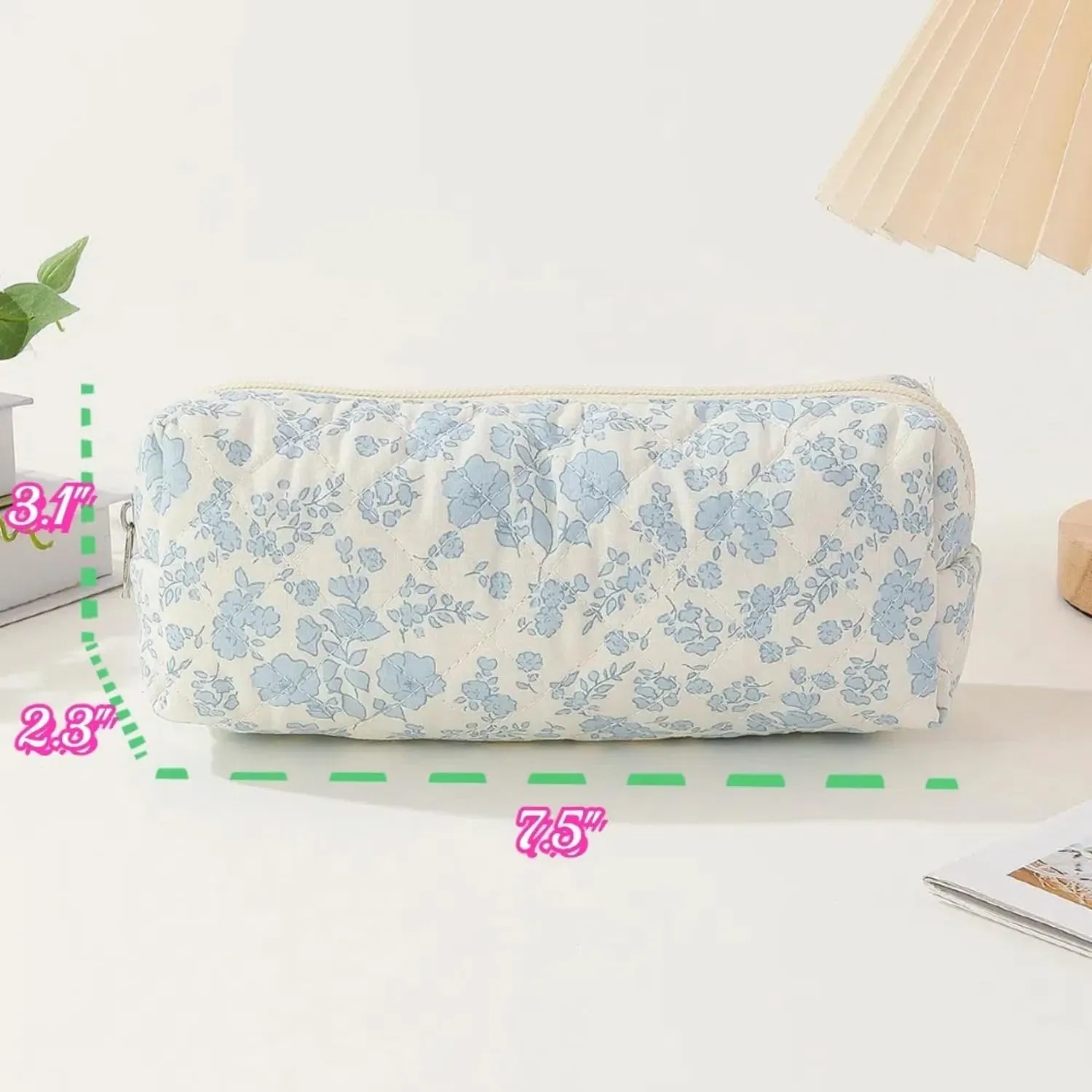 Floral Quilted Makeup Bag Set for Women Aesthetic Travel Large Cute Cosmetic Toiletry Pouch Lightweight Cotton Tote Purse Organizer Insert Valentines_Gifts for Her, c01 (3PCS#01Blue Flower)
