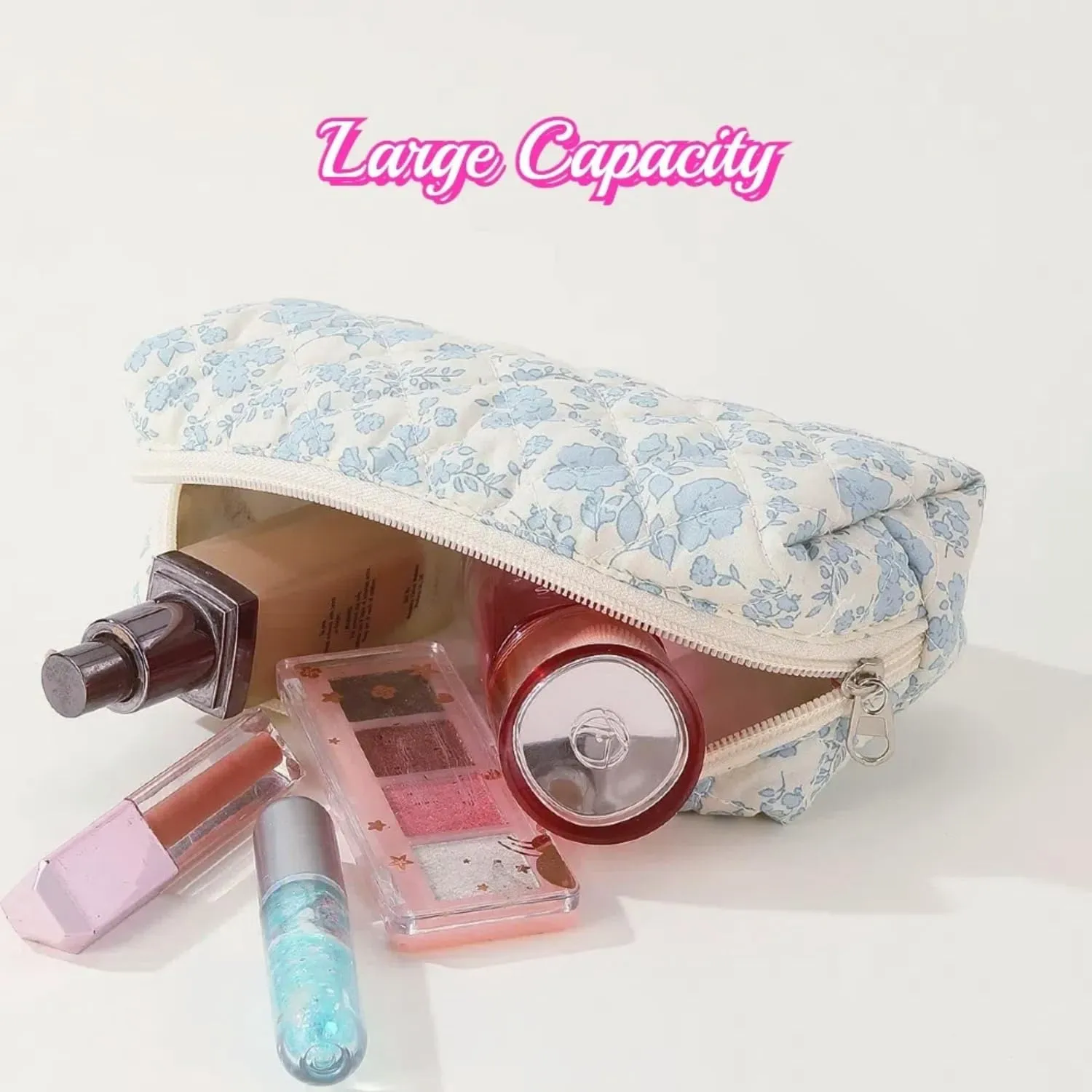 Floral Quilted Makeup Bag Set for Women Aesthetic Travel Large Cute Cosmetic Toiletry Pouch Lightweight Cotton Tote Purse Organizer Insert Valentines_Gifts for Her, c01 (3PCS#01Blue Flower)