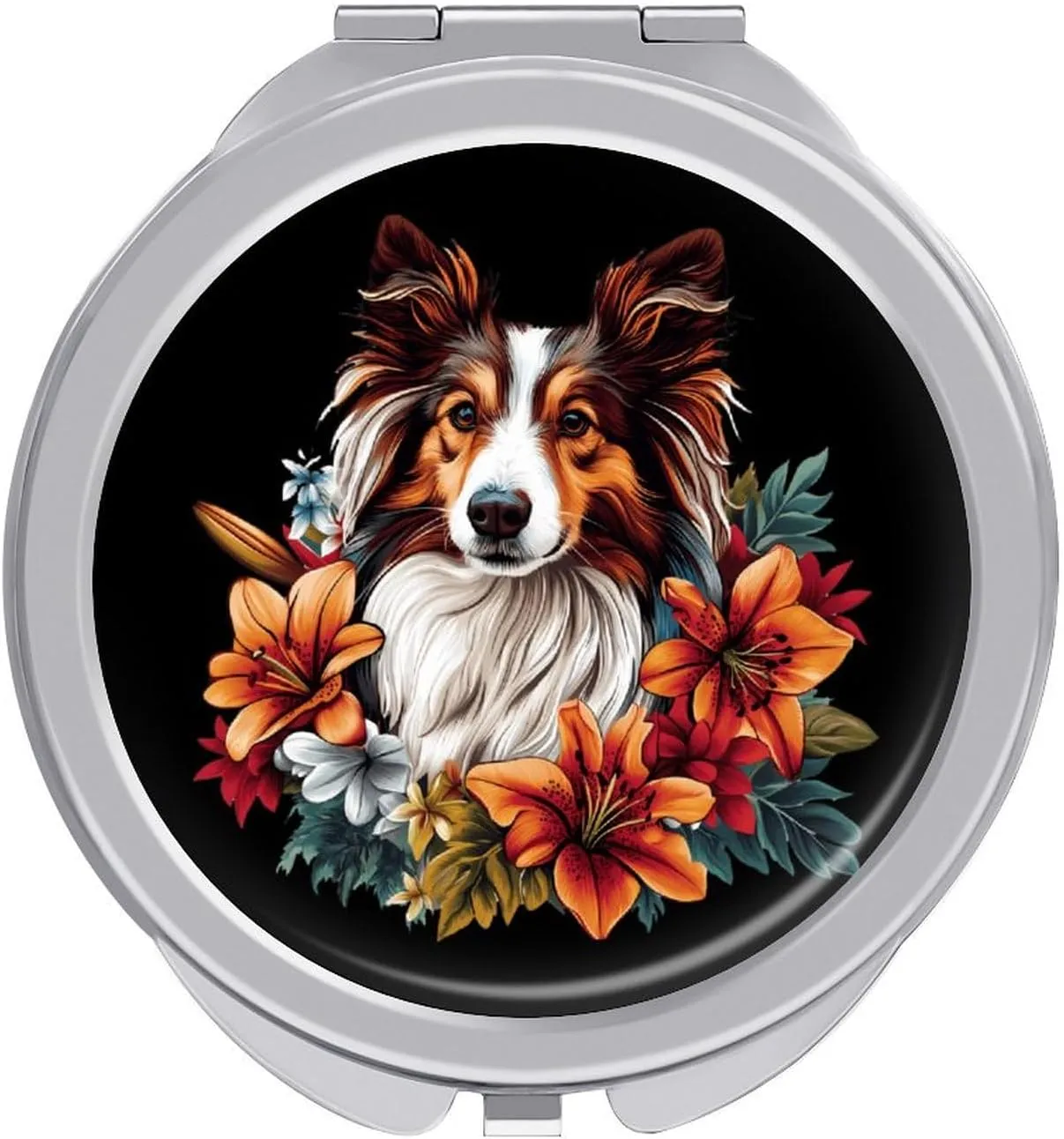 Floral Sheepdog Dog Flower Compact Makeup Mirror Mini Foldable Cosmetic Mirror Portable Travel Mirror for Purse Pocket