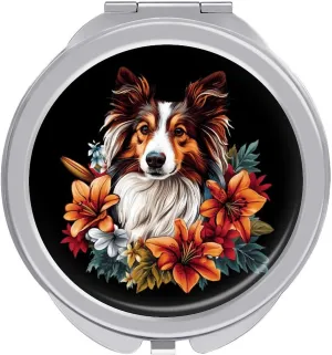Floral Sheepdog Dog Flower Compact Makeup Mirror Mini Foldable Cosmetic Mirror Portable Travel Mirror for Purse Pocket