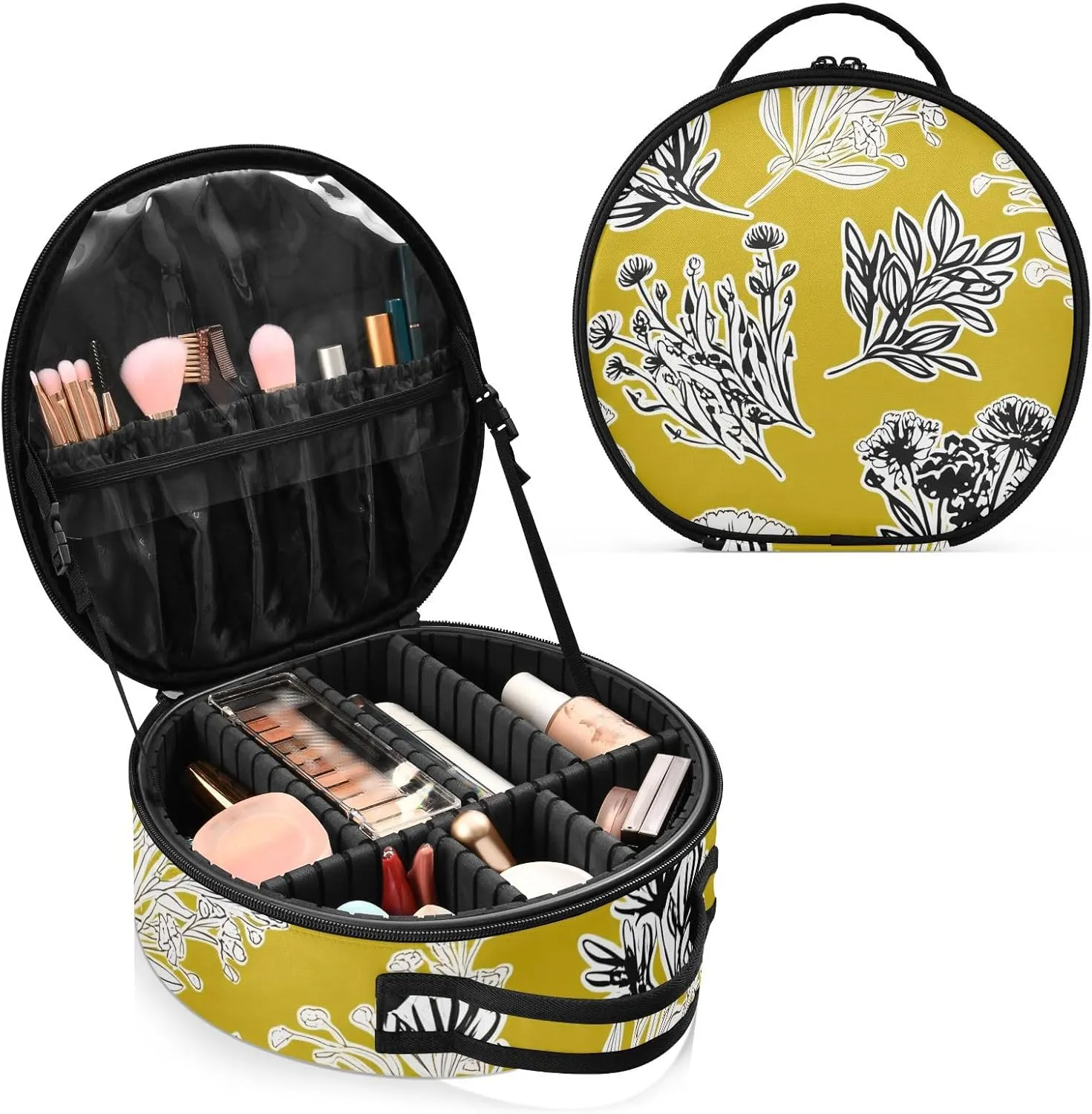 Floral Sketch Mustard Yellow Travel Makeup Train Case for Women Cosmetic Bag Organizer with Adjustable Dividers Accessories Organizer for Makeup Beginners Journey