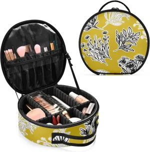 Floral Sketch Mustard Yellow Travel Makeup Train Case for Women Cosmetic Bag Organizer with Adjustable Dividers Accessories Organizer for Makeup Beginners Journey