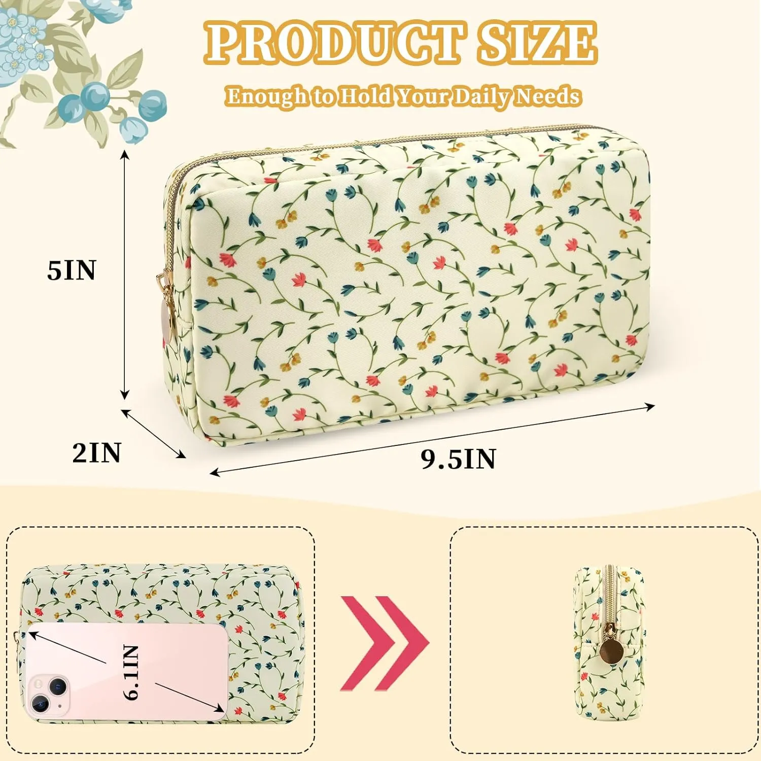 Floral Small Makeup Bag for Purse, Coquette Aesthetic Makeup Bag Cute Preppy Cosmetic Bag Waterproof Nylon Pouches, Makeup Brushes Storage Bag Travel Toiletry Bag Organizer for Women(Vine Floral)