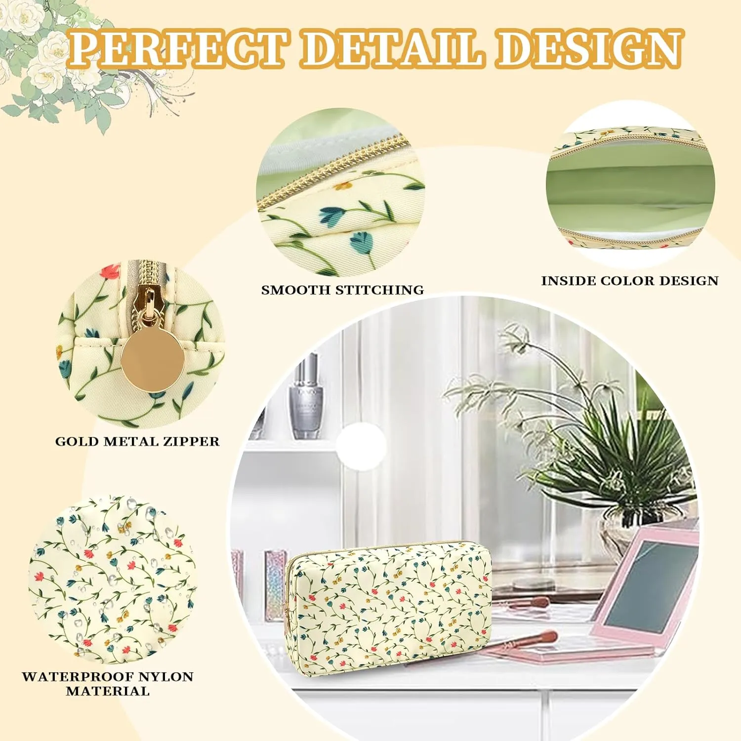Floral Small Makeup Bag for Purse, Coquette Aesthetic Makeup Bag Cute Preppy Cosmetic Bag Waterproof Nylon Pouches, Makeup Brushes Storage Bag Travel Toiletry Bag Organizer for Women(Vine Floral)