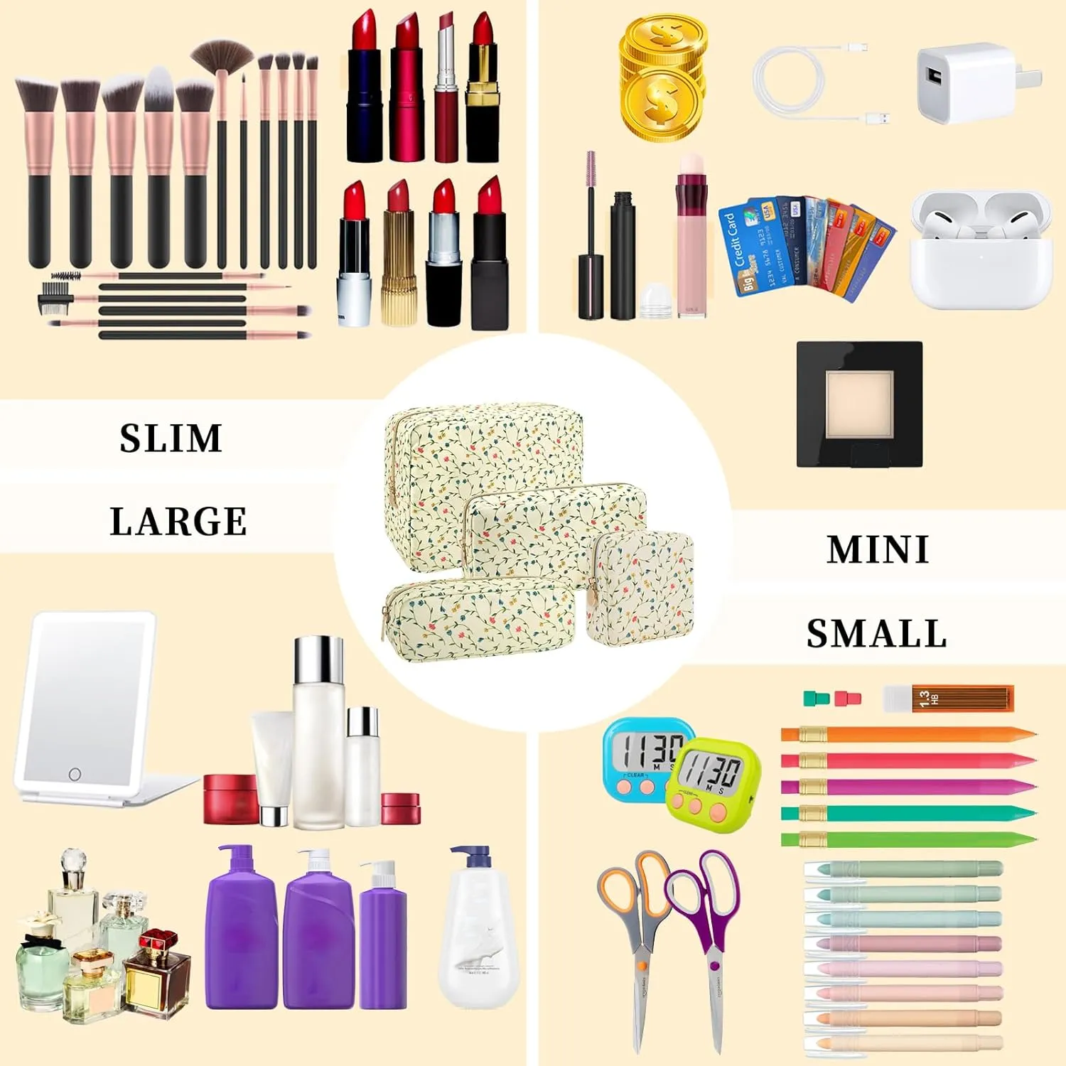 Floral Small Makeup Bag for Purse, Coquette Aesthetic Makeup Bag Cute Preppy Cosmetic Bag Waterproof Nylon Pouches, Makeup Brushes Storage Bag Travel Toiletry Bag Organizer for Women(Vine Floral)