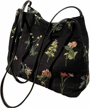 Floral Tote Bag for Women, Small Embroidered Aesthetic Purse, Reusable Canvas Shoulder Bag Cute Crossbody Casual Bucket Bag