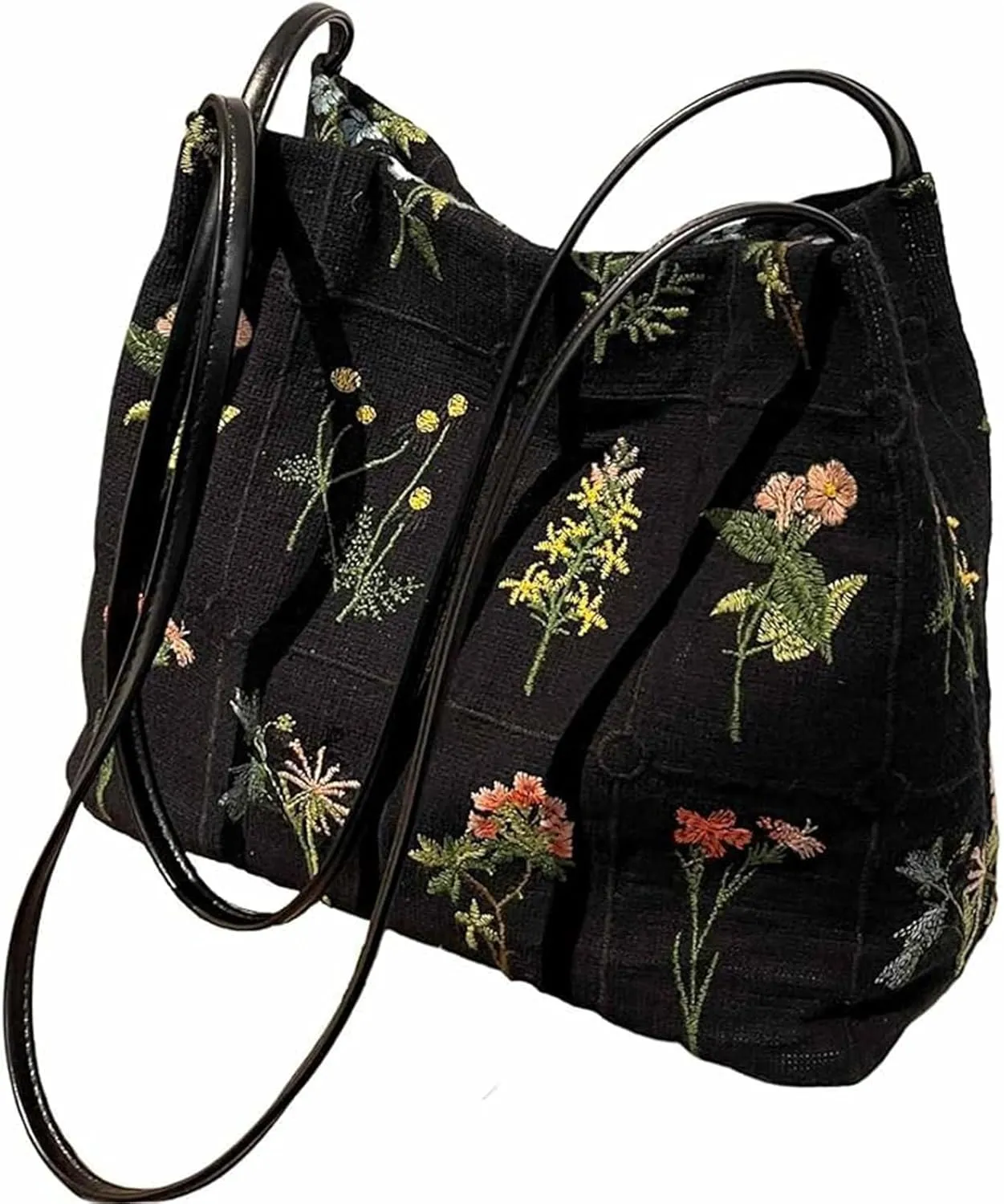 Floral Tote Bag for Women, Small Embroidered Aesthetic Purse, Reusable Canvas Shoulder Bag Cute Crossbody Casual Bucket Bag