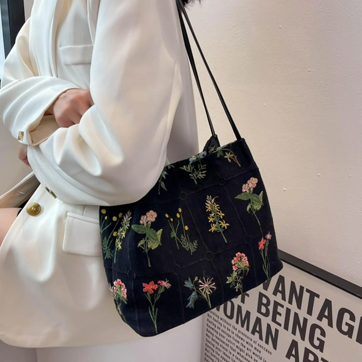 Floral Tote Bag for Women, Small Embroidered Aesthetic Purse, Reusable Canvas Shoulder Bag Cute Crossbody Casual Bucket Bag