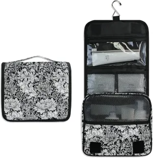 Floral Vintage Big Grey Flowers and Foliage on Dark Hanging Wash Gargle Toiletry Bag Travel Cosmetic Makeup Case Organizer Storage Large Portable