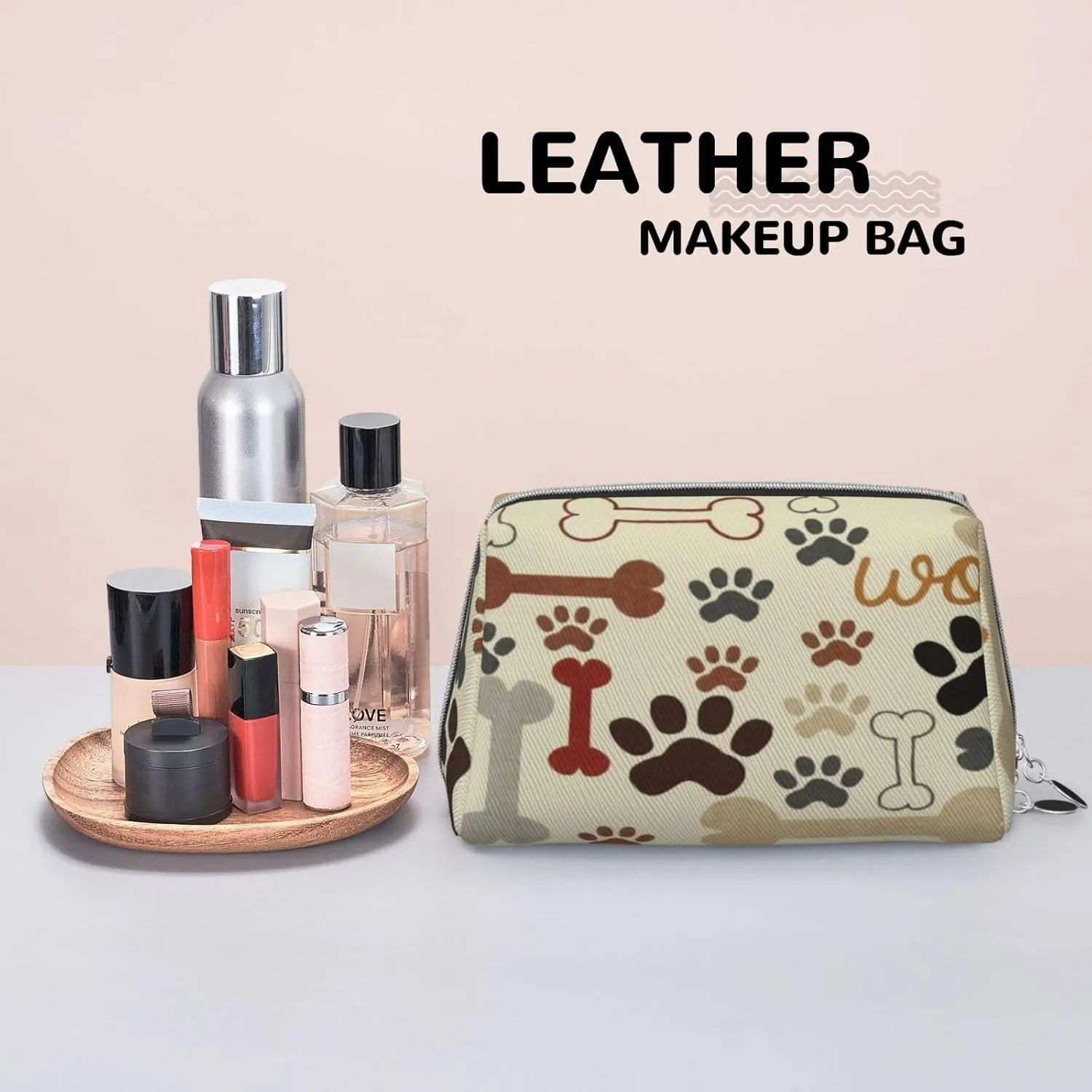 Floral,Makeup Bags for Women,Ornament Oriental,Leather Cosmetic Bag Toiletry Bag Travel Case Waterproof Makeup Pouch,Gray Brown,S