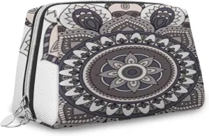 Floral,Makeup Bags for Women,Ornament Oriental,Leather Cosmetic Bag Toiletry Bag Travel Case Waterproof Makeup Pouch,Gray Brown,S