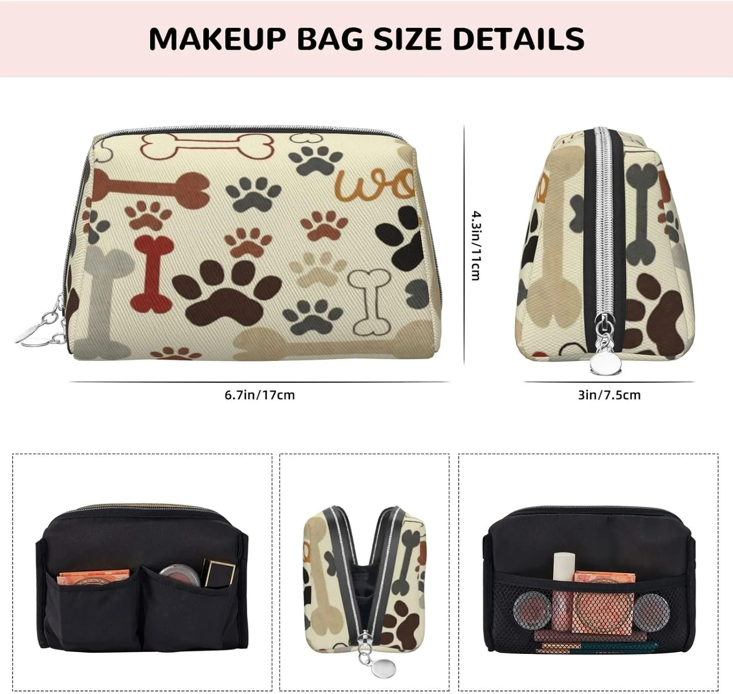 Floral,Makeup Bags for Women,Ornament Oriental,Leather Cosmetic Bag Toiletry Bag Travel Case Waterproof Makeup Pouch,Gray Brown,S