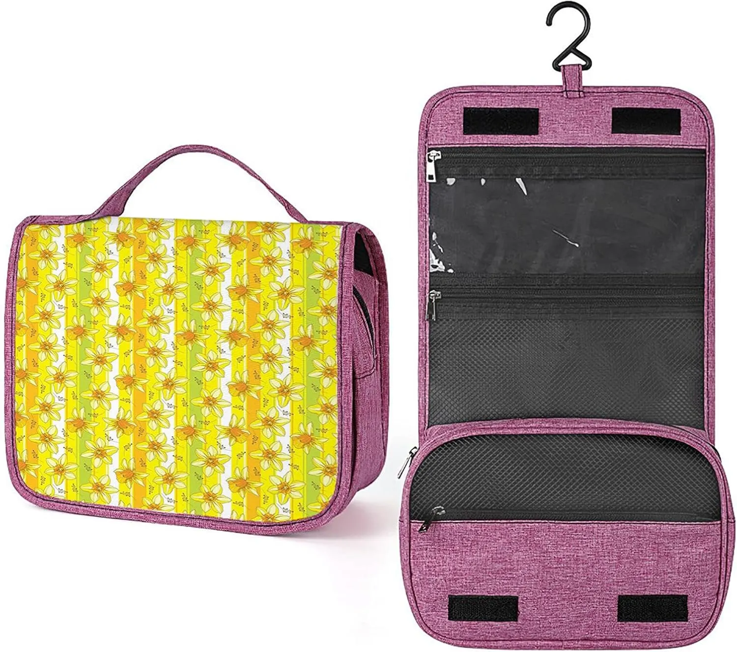 Flower Theme,Toiletry Bag Travel Bag with Hanging Hook,Floral Spring Blooms Striped Backdrop,Water-resistant Makeup Cosmetic Bag Travel Organizer for Accessories,Green Yellow