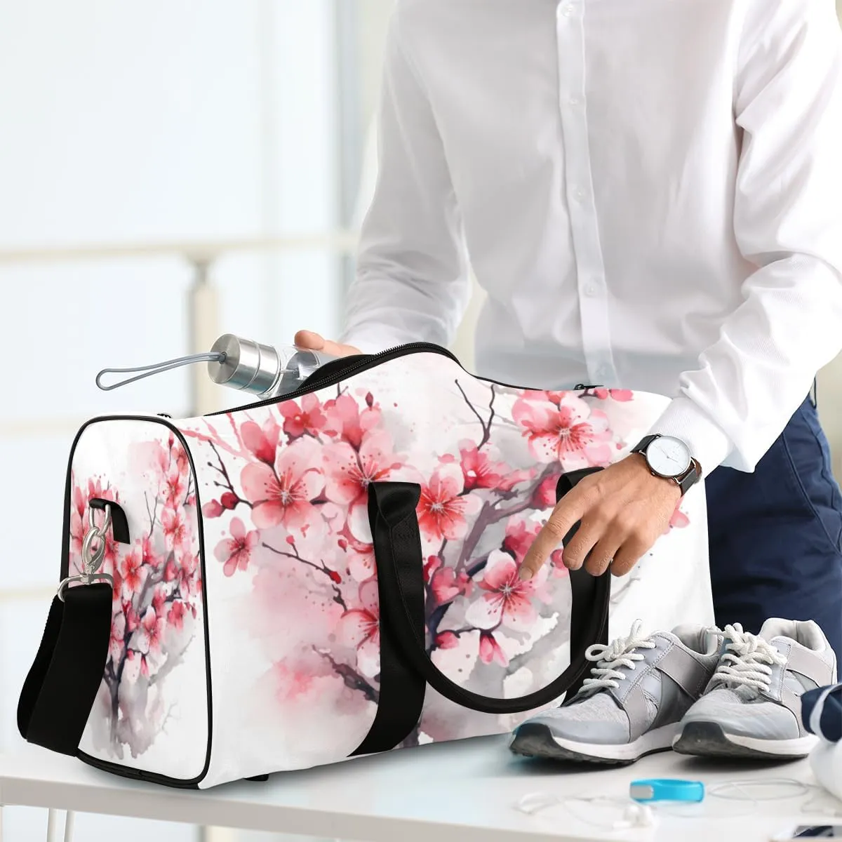 Flowering Cherry Travel Duffle Bag for Women Men Gym Duffel Foldable Bag Waterproof Weekender Watercolor Flower Duffle Tote