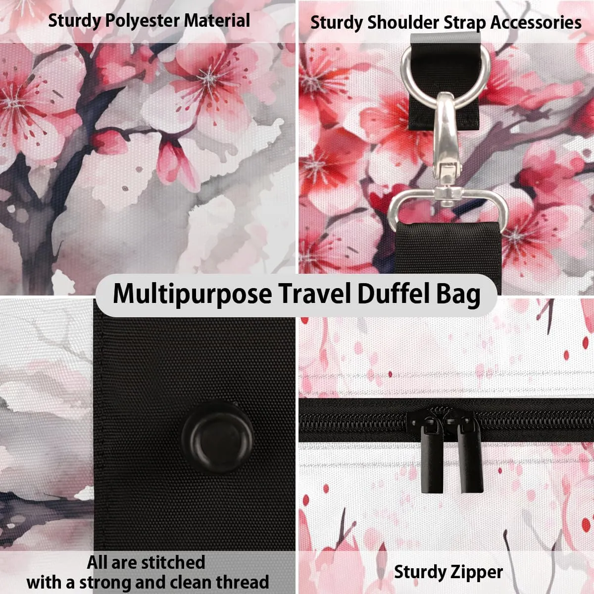 Flowering Cherry Travel Duffle Bag for Women Men Gym Duffel Foldable Bag Waterproof Weekender Watercolor Flower Duffle Tote