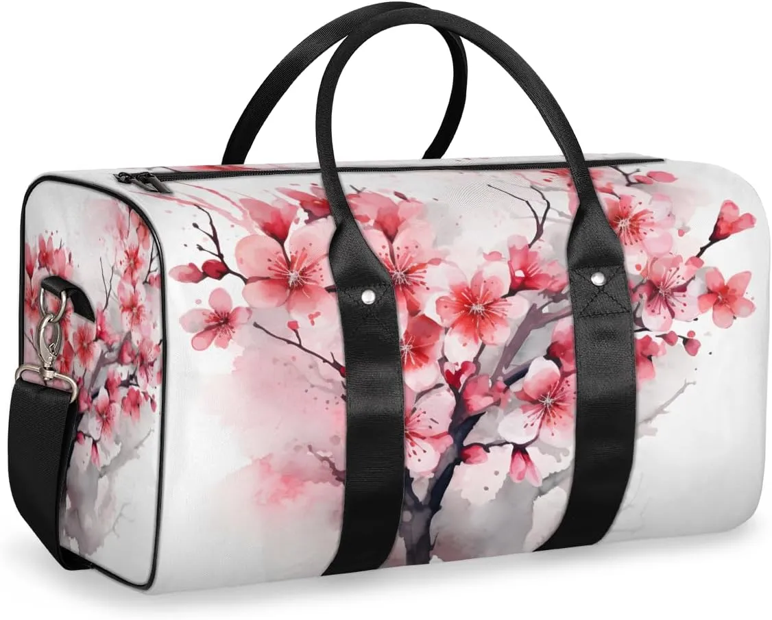 Flowering Cherry Travel Duffle Bag for Women Men Gym Duffel Foldable Bag Waterproof Weekender Watercolor Flower Duffle Tote