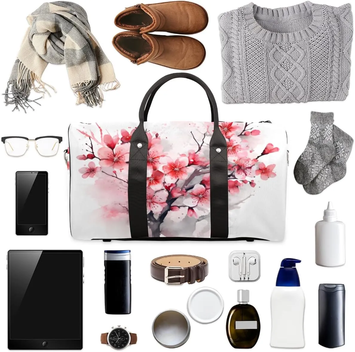 Flowering Cherry Travel Duffle Bag for Women Men Gym Duffel Foldable Bag Waterproof Weekender Watercolor Flower Duffle Tote