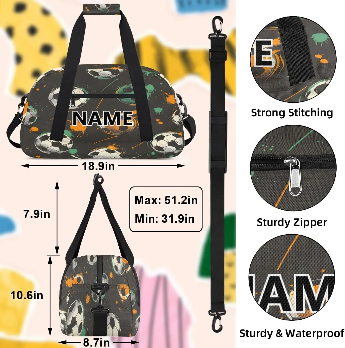 Football Soccer Mini Gym Bag 18 inch for Women Men Waterproof Custom Sports Theme Travel Duffel Bag Carry On Overnight Tote Nurse Bag for Work Fitness Hiking