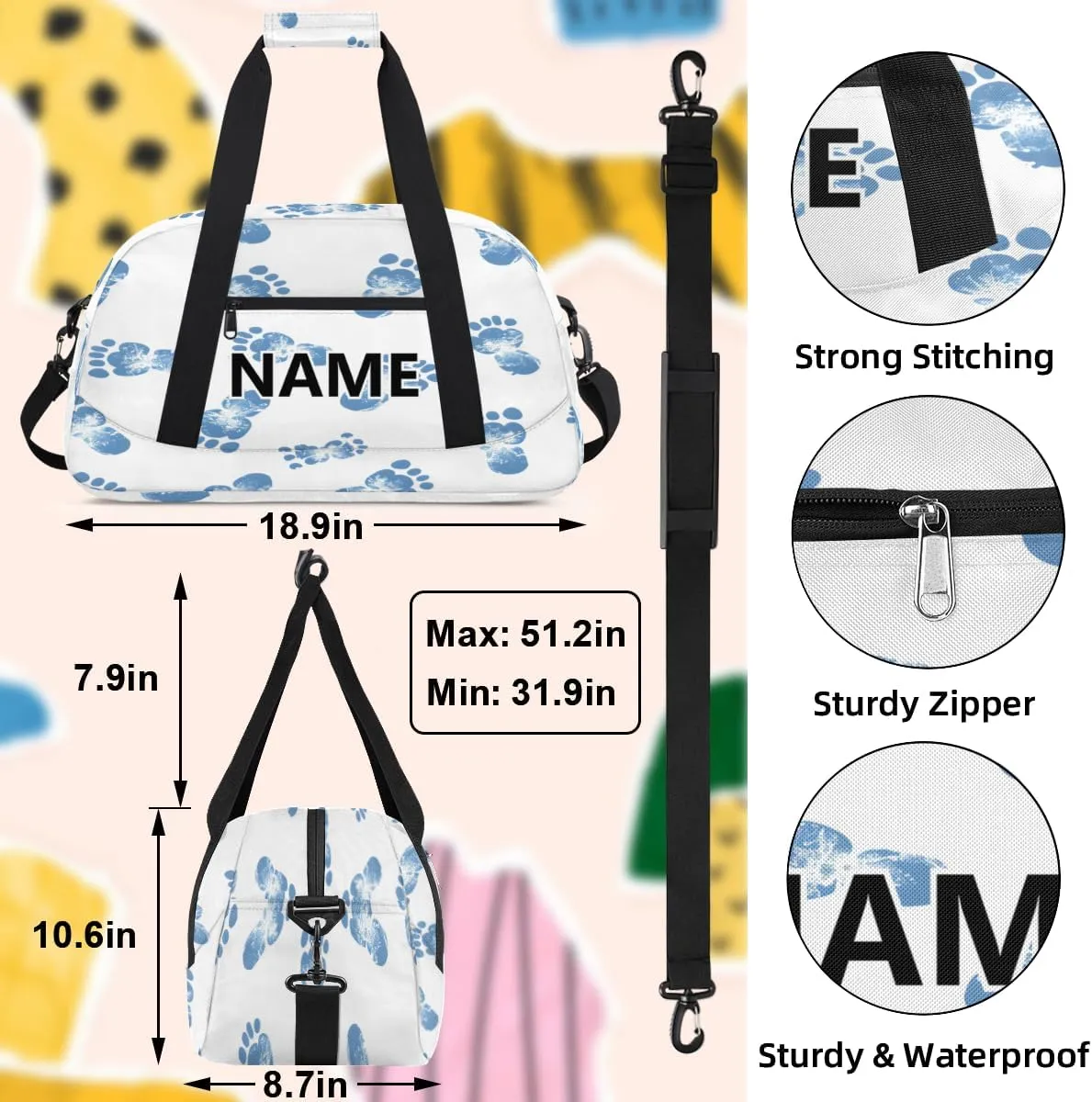 Footprints Custom Small Gym Bag 18 inch for Women Men Personalized Paws Footprints Carry On Overnight Weekender Bag for Travel Work Dance Sport