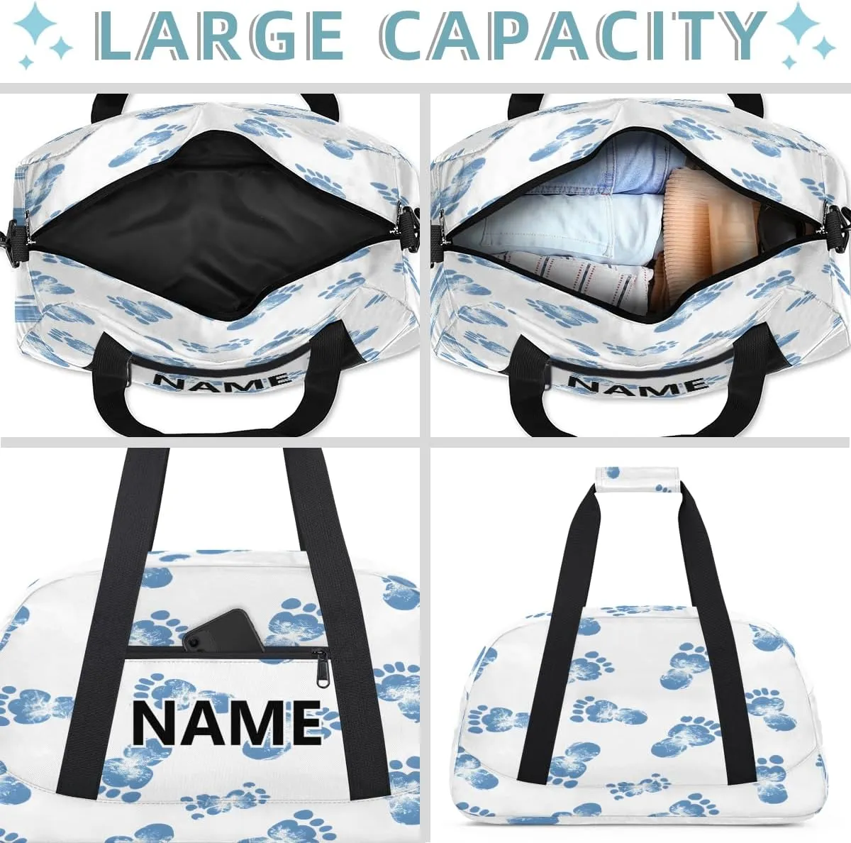Footprints Custom Small Gym Bag 18 inch for Women Men Personalized Paws Footprints Carry On Overnight Weekender Bag for Travel Work Dance Sport