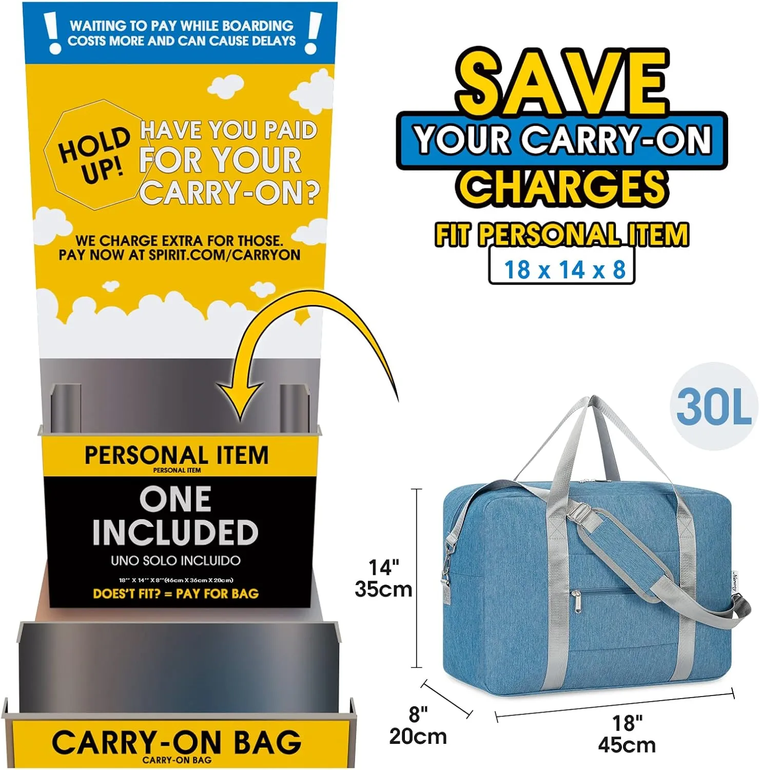 For Spirit Airlines Personal Item Bag 18x14x8 Foldable Travel Duffel Bag Underseat Carry on Luggage for Women and Men 30L (Navy Blue)