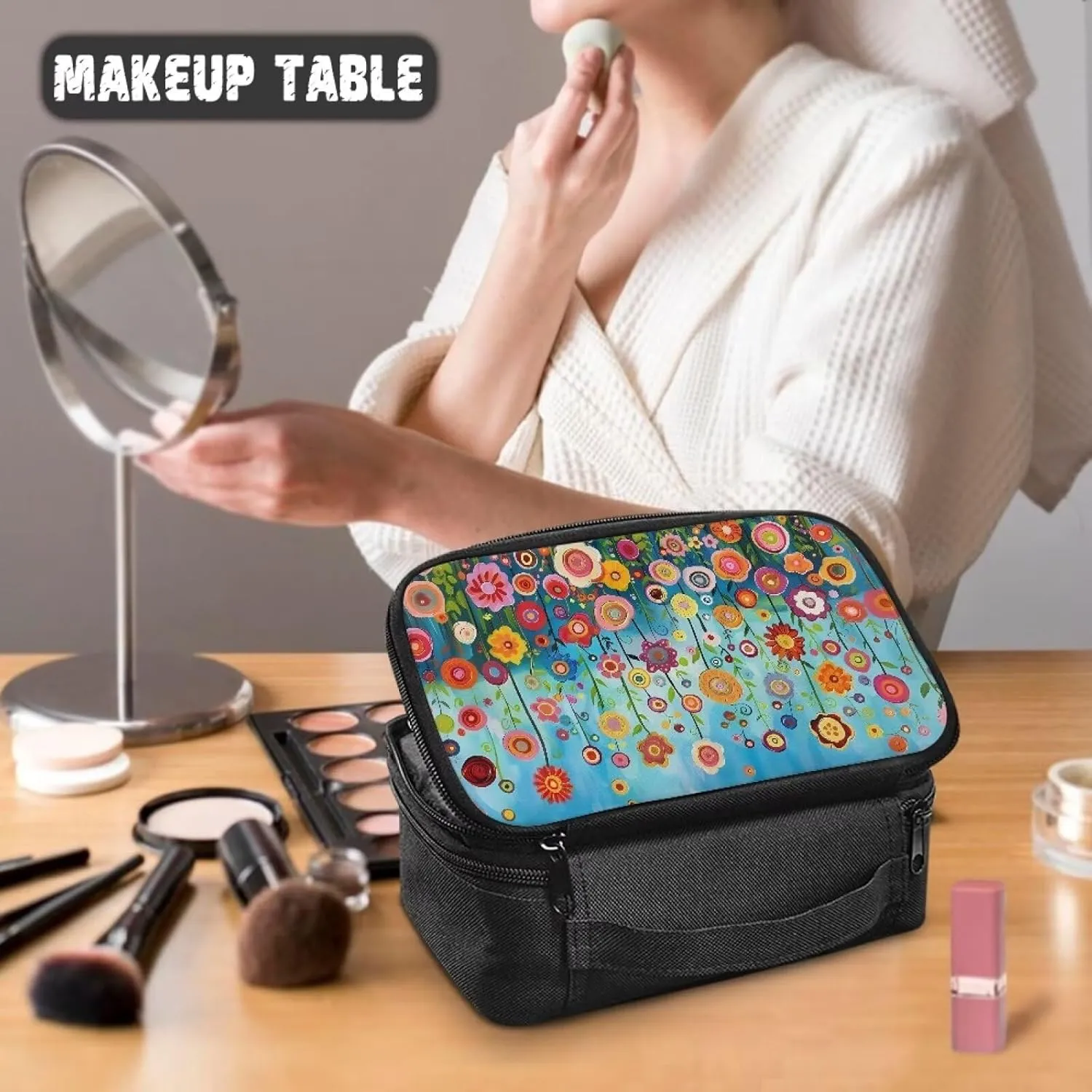 FOR U DESIGNS Big Makeup Bag Travel Cosmetic Bag with Compartments Floral Print Lightweight Large Capacity Toiletry Bags Tote Bag