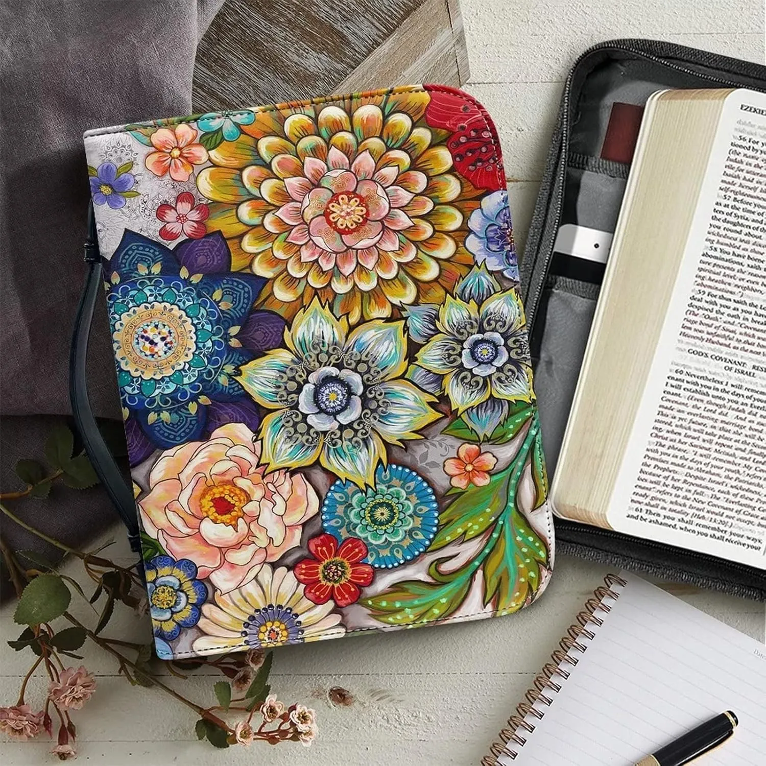 FOR U DESIGNS Hibiscus Floral Bible Cover Case for Women with Bookmark PU Leather Bible Cover Bag with Pockets and Zipper for Standard Study Bible Size XL