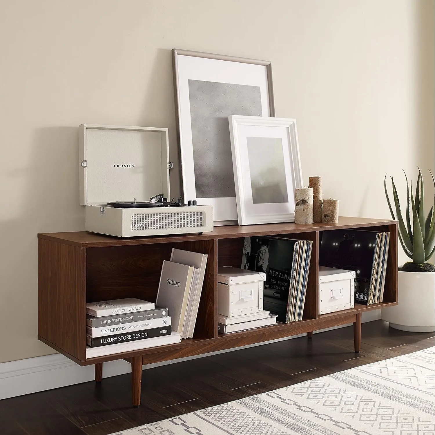 French Fabulous Record Storage Console Cabinet with Adjustable Feature, Rustic Cabinet Style Large/Walnut