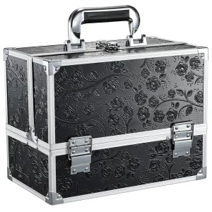 FRENESSA Makeup Train Case Makeup Box 11.8 Inch Large Makeup Case Organizer 3 Trays with Mirror Locking Cosmetic Storage Box Artist Nail Supplies Big Travel Case Black Floral