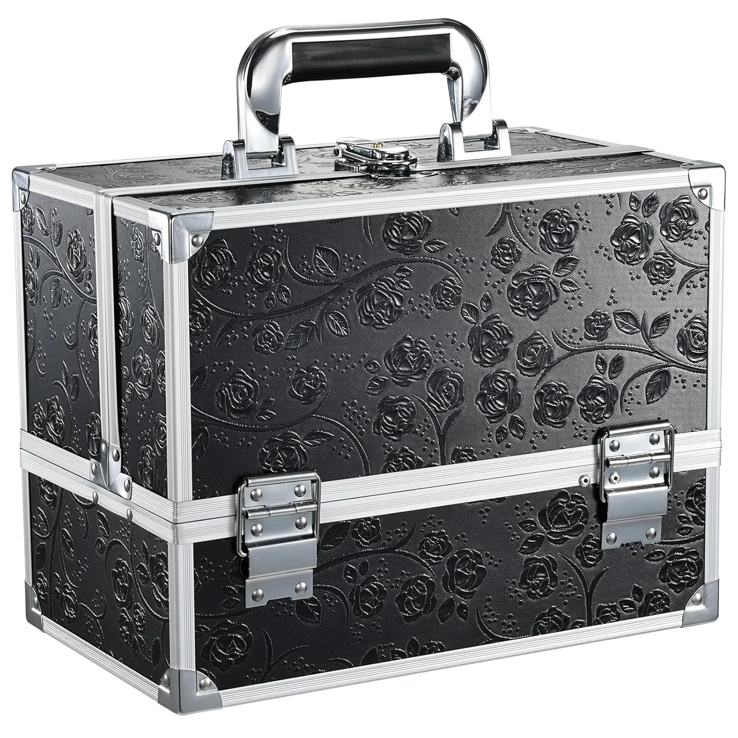 FRENESSA Makeup Train Case Makeup Box 11.8 Inch Large Makeup Case Organizer 3 Trays with Mirror Locking Cosmetic Storage Box Artist Nail Supplies Big Travel Case Black Floral