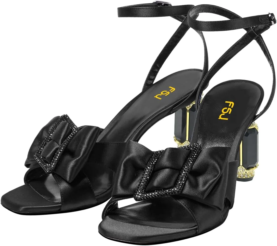FSJ Women Elegant Open Toe Crystal Chunky High Heel Sandals with Bow Detail Embellished Ankle Strap Satin Pumps Evening Party Dance Wedding Shoes Size 4-16 US