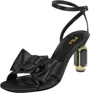 FSJ Women Elegant Open Toe Crystal Chunky High Heel Sandals with Bow Detail Embellished Ankle Strap Satin Pumps Evening Party Dance Wedding Shoes Size 4-16 US